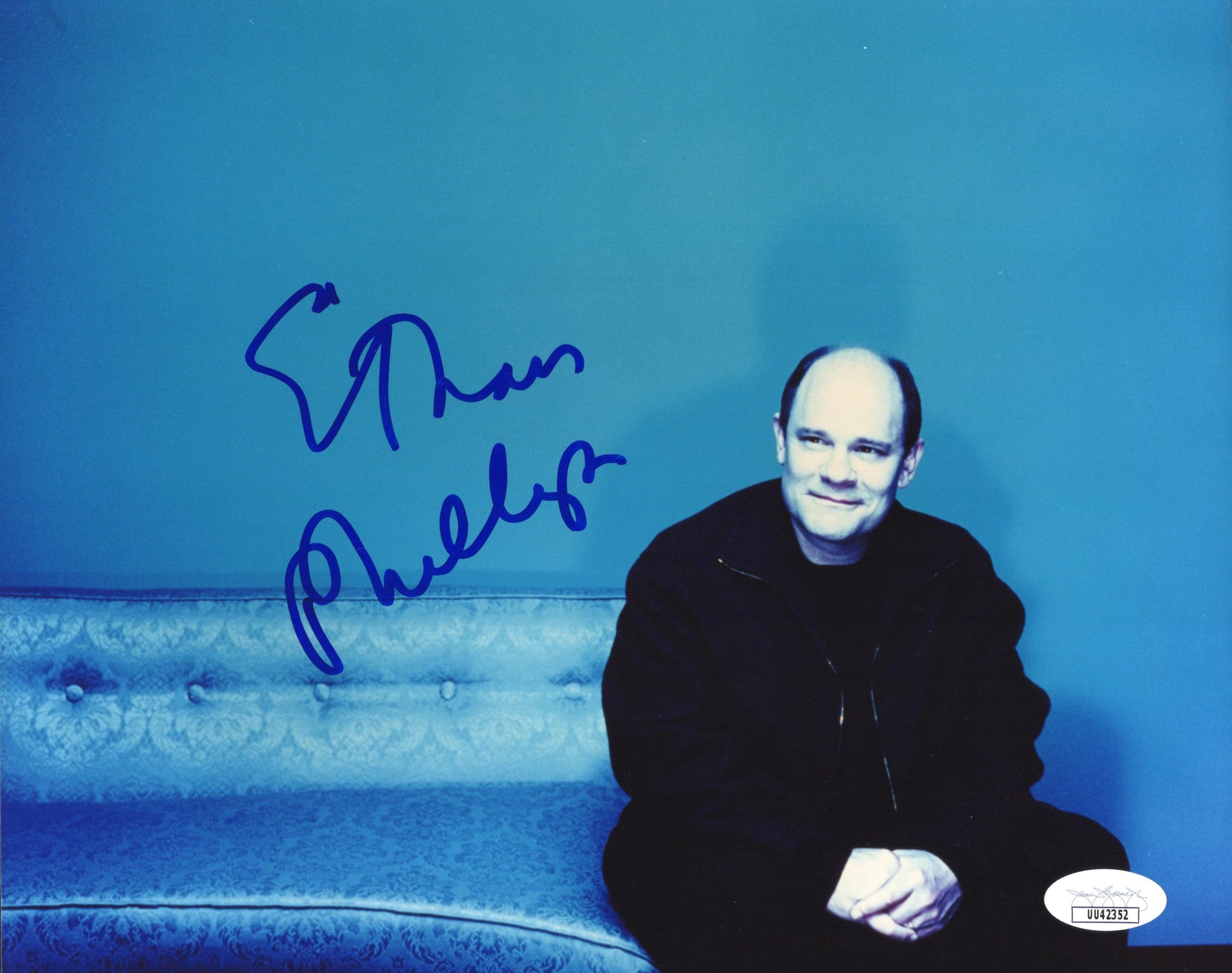 Ethan Phillips Signed Photo 8x10, Star Trek: Voyager Ethan Phillips Autograph on Blue Couch, JSA and PSA Letter Double Certified Authentic UU42352