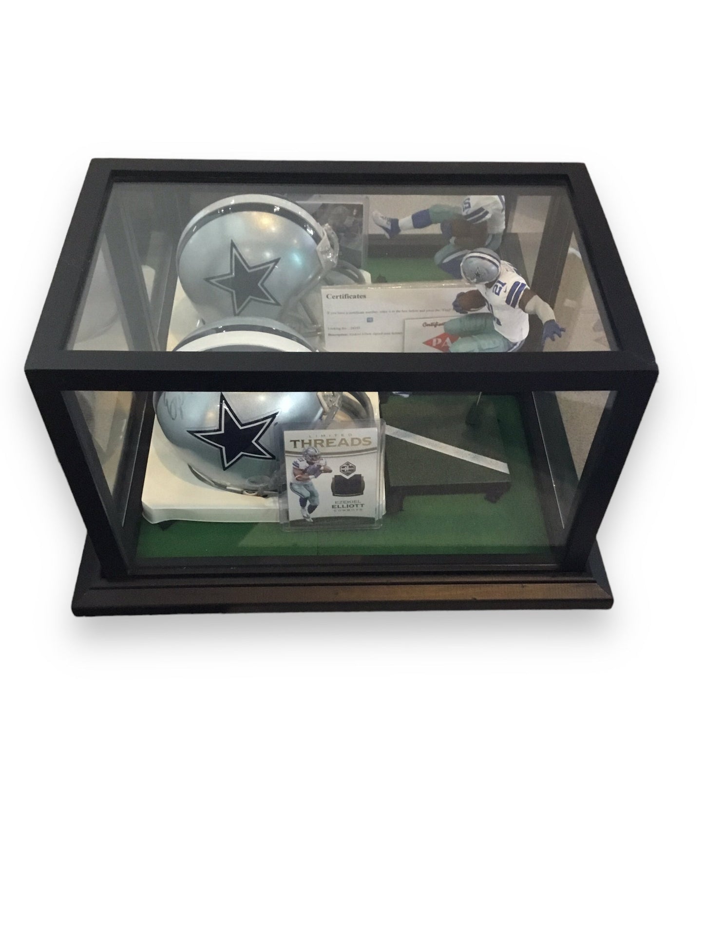 Ezekiel Elliot Cowboys Autographed Mini Helmet Shadowbox w/ Jersey Card + Figure