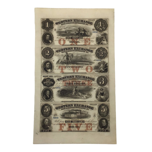 Uncut Sheet of 4 Obsolete Banknotes - Omaha City Nebraska Western Exchange