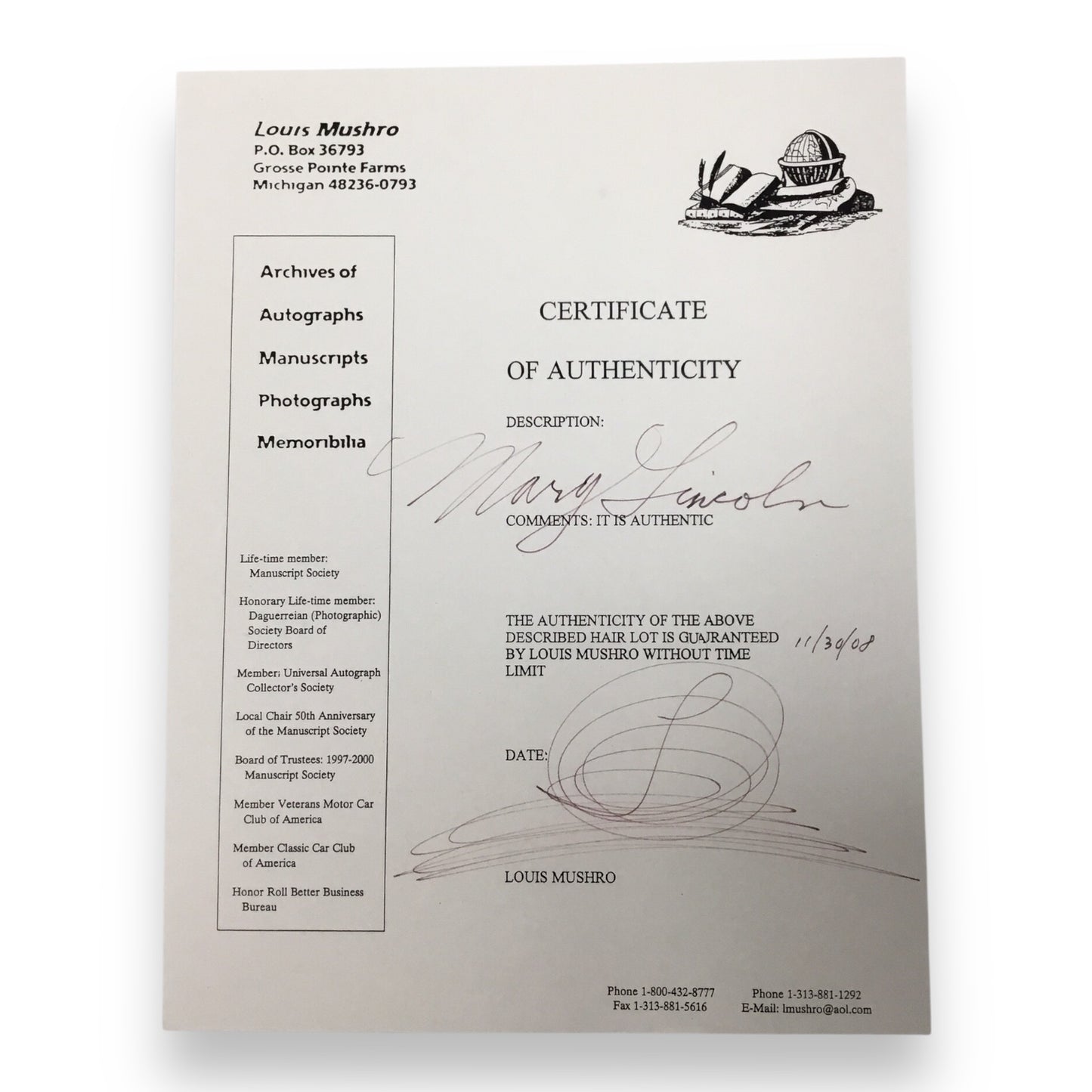 Mary Todd Lincoln Hair Clipping with COA