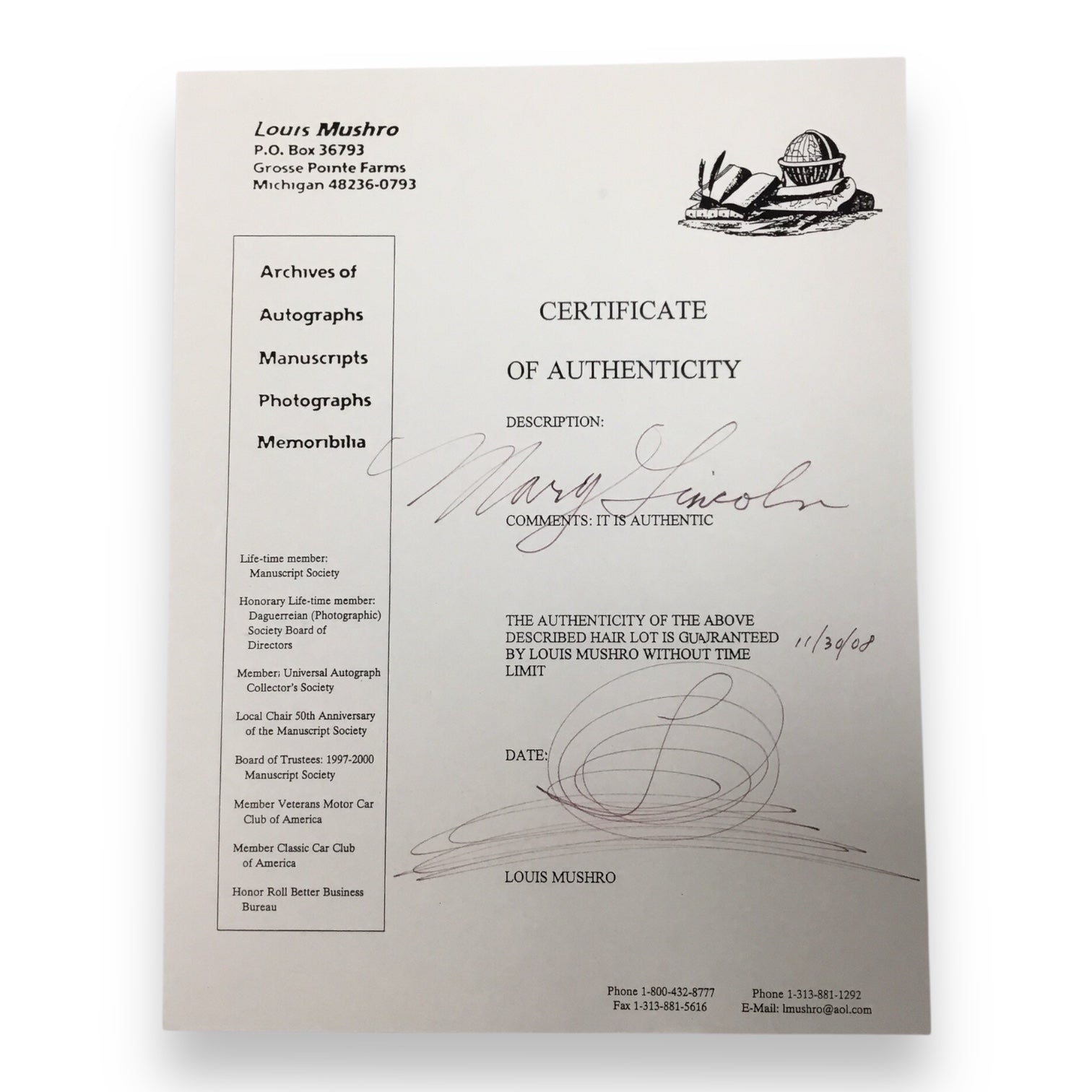 Mary Todd Lincoln Hair Clipping with COA