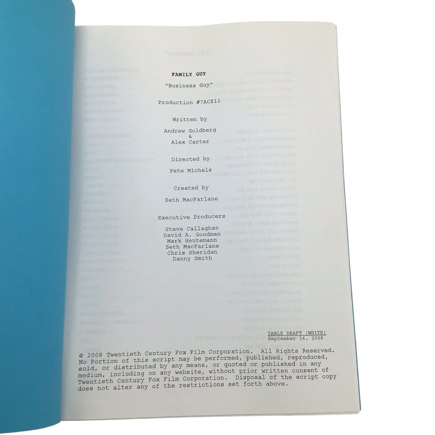 Family Guy "Business Guy" Table Draft Script Production #7ACX11