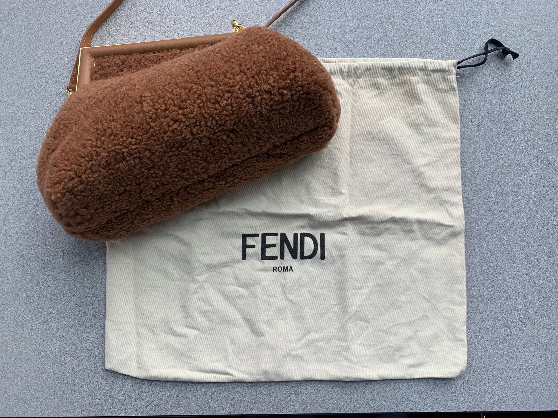 Fendi First Brown Shearling Sheepskin Shoulder Bag Previously Owned