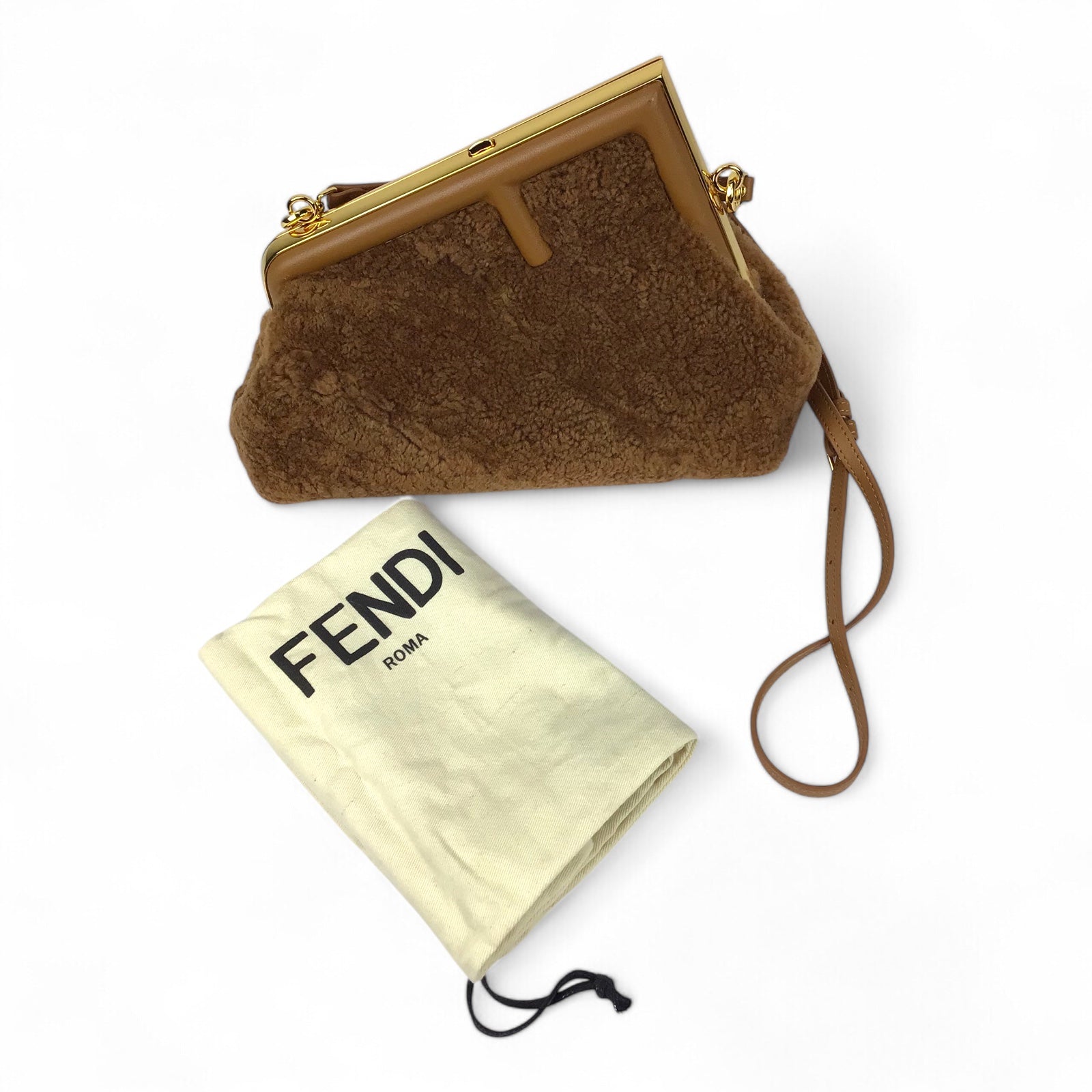 Fendi First Brown Shearling Sheepskin Shoulder Bag w/ Gold Hardware & Dust Bag