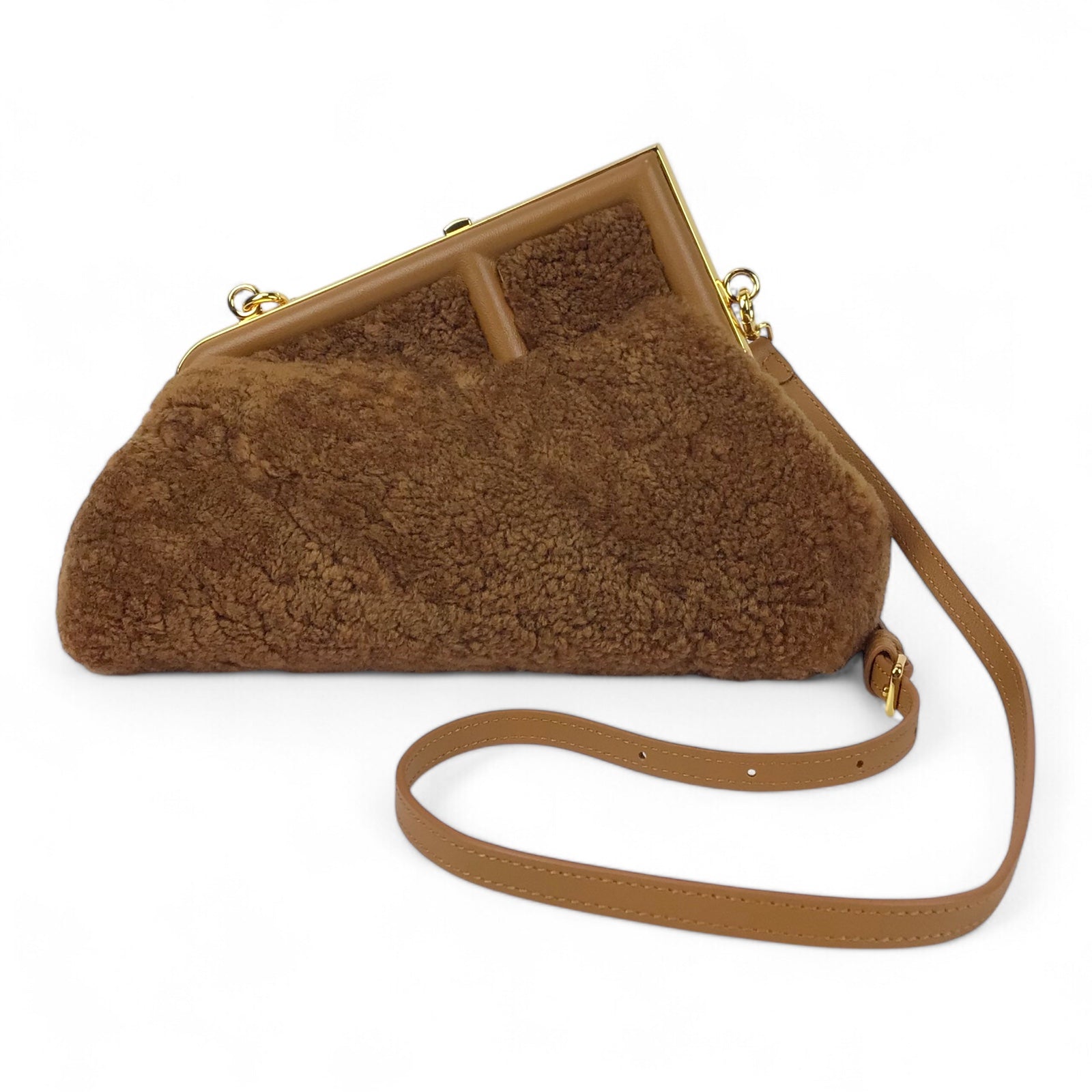 Fendi First Brown Shearling Sheepskin Shoulder Bag w/ Gold Hardware & Dust Bag