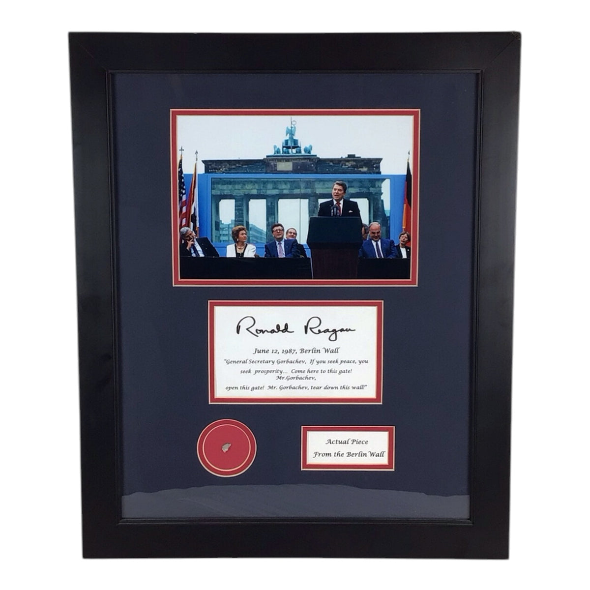 Framed Berlin Wall Piece w/ Ronald Reagan Speech Photo & Quote - COA