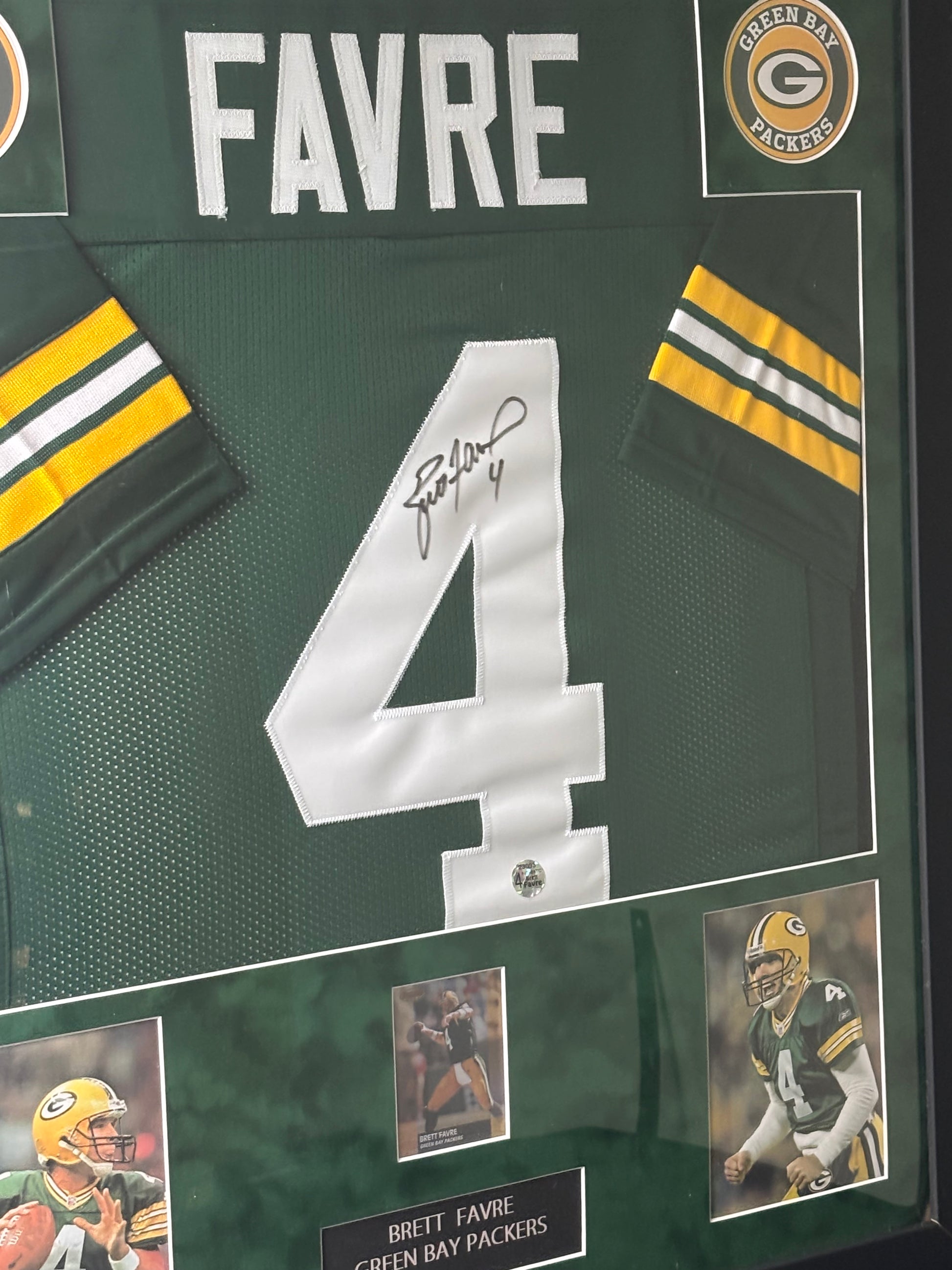 Framed Brett Favre Signed Packers Jersey w/ Brett Favre Auth. & Bowman Holo Sports Card