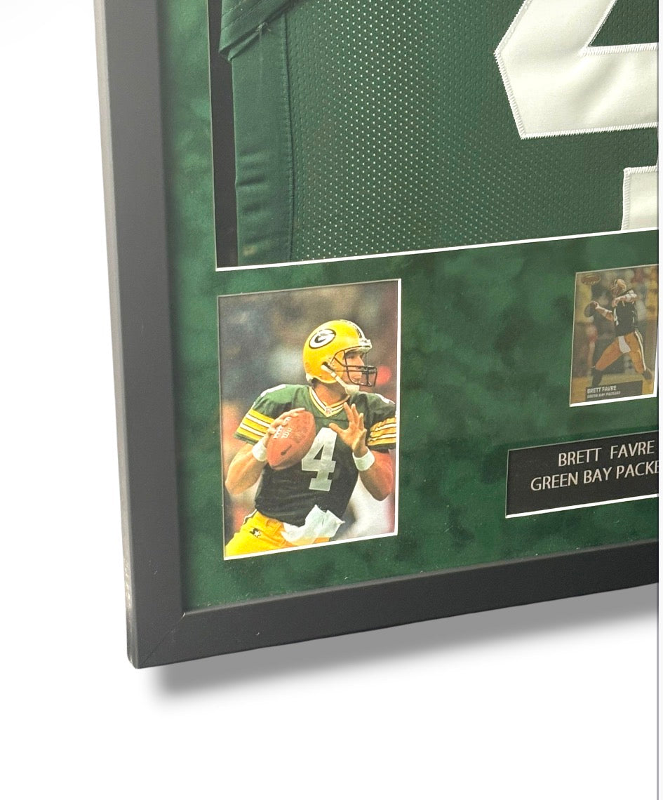 Framed Brett Favre Signed Packers Jersey w/ Brett Favre Auth. & Bowman Holo Sports Card