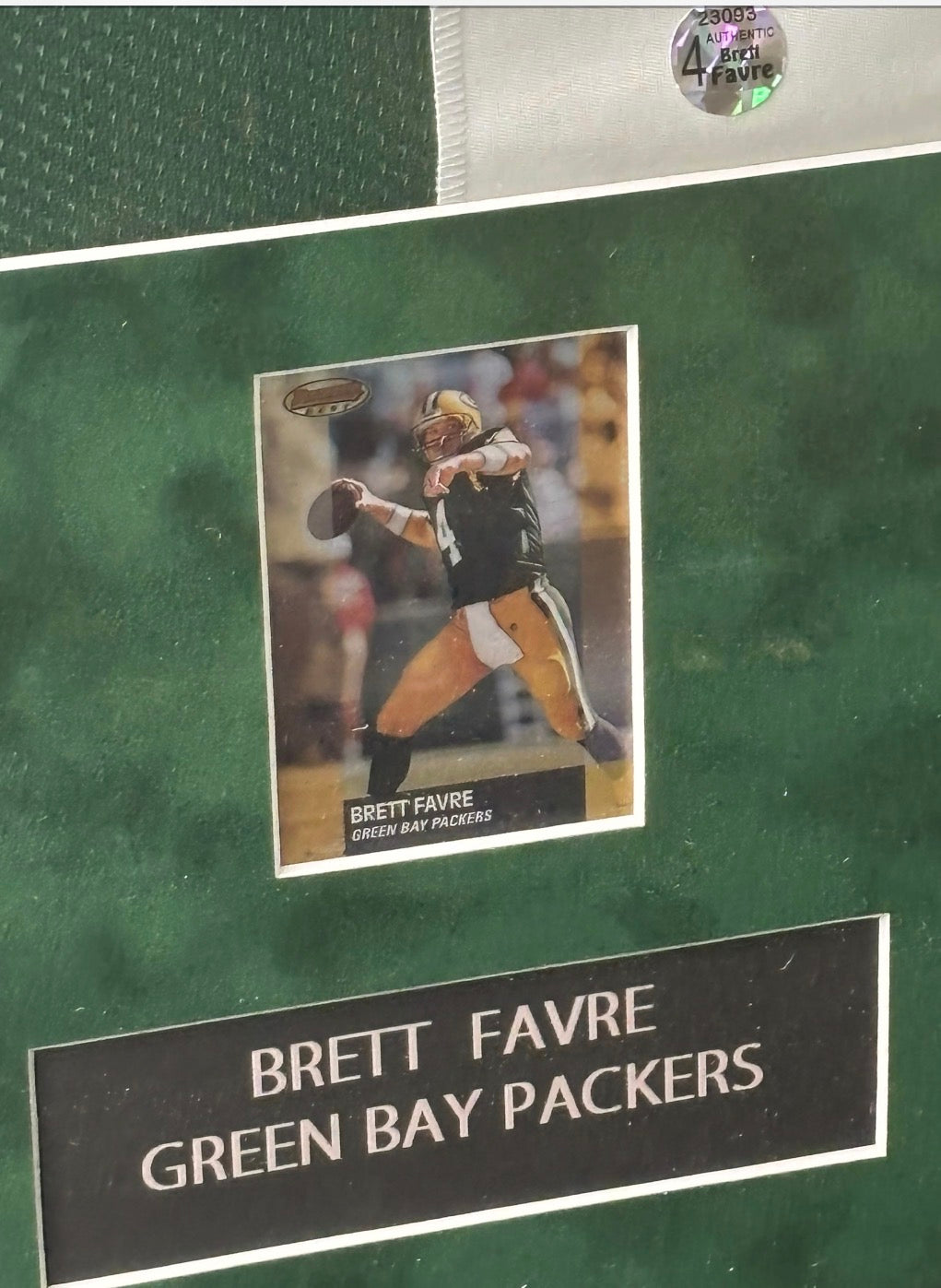 Framed Brett Favre Signed Packers Jersey w/ Brett Favre Auth. & Bowman Holo Sports Card
