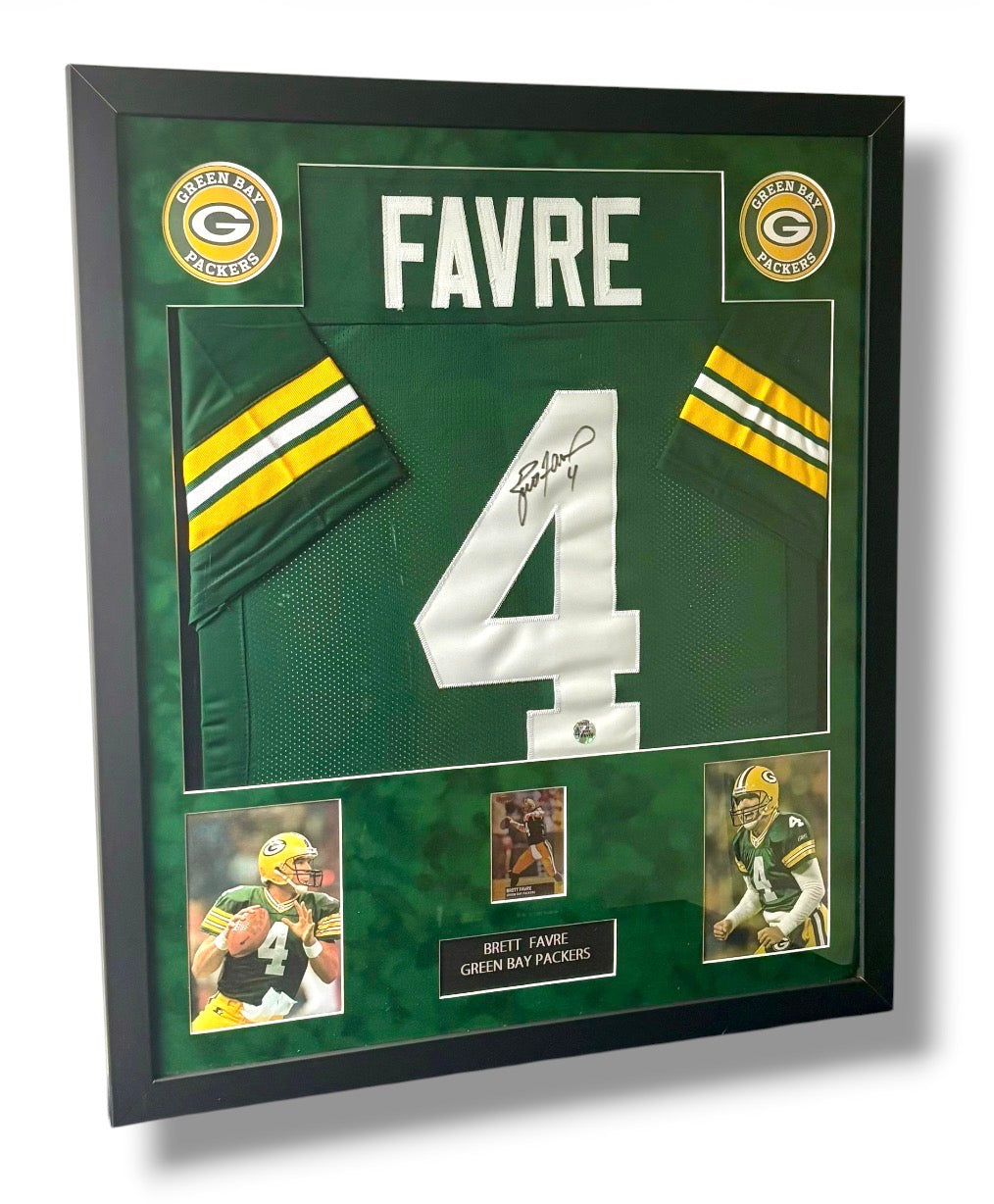 Framed Brett Favre Signed Packers Jersey w/ Brett Favre Auth. & Bowman Holo Sports Card