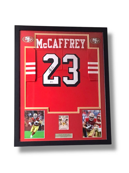Framed Christian McCaffrey Autographed Jersey w/ Beckett Authentication & Sports Card