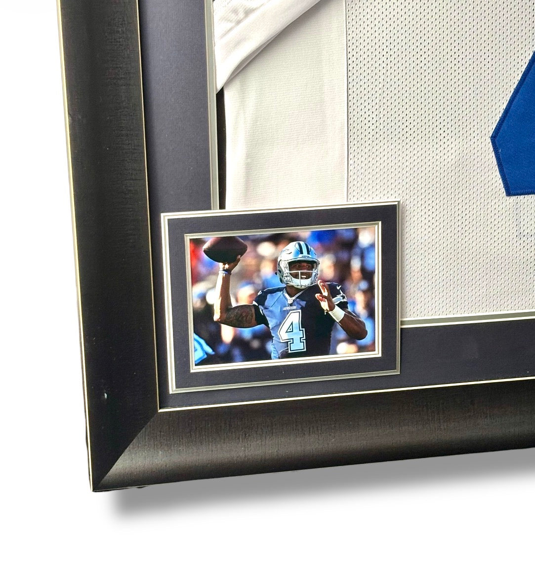 Framed Dak Prescott Autographed Jersey w/ JSA Authentication & 2 Action Photos