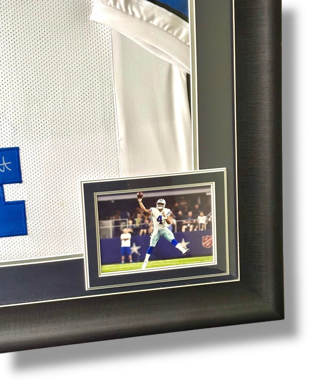 Framed Dak Prescott Autographed Jersey w/ JSA Authentication & 2 Action Photos
