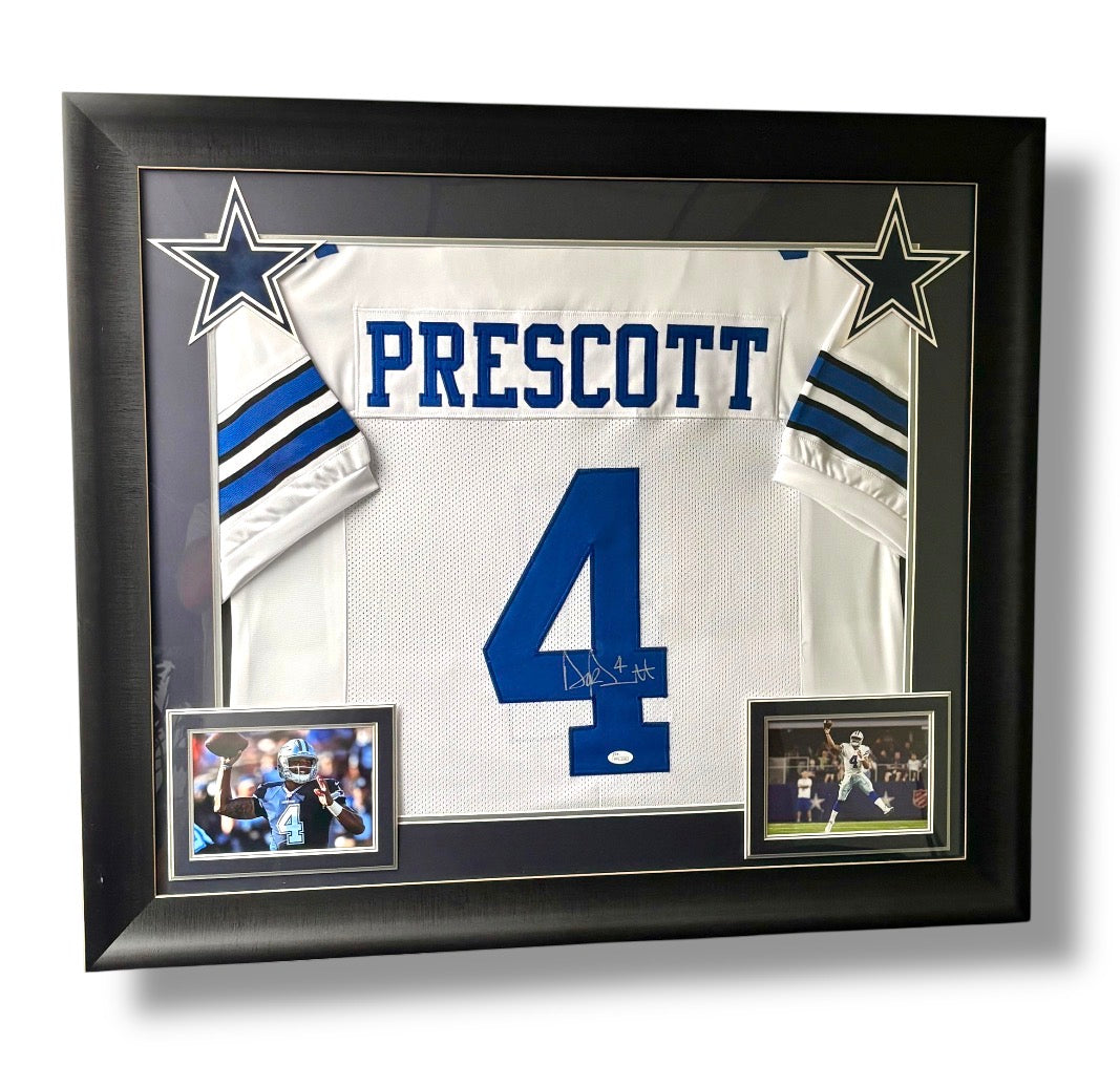 Framed Dak Prescott Autographed Jersey w/ JSA Authentication & 2 Action Photos