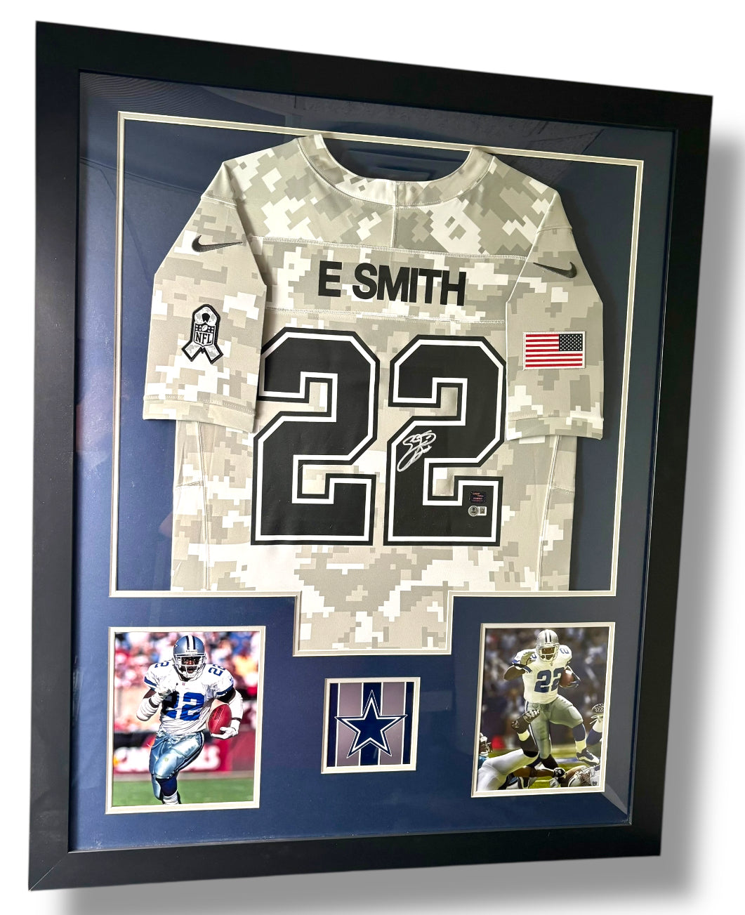 Framed Emmitt Smith Autographed Military Jersey w/ Beckett Auth. & 2 Action Photos