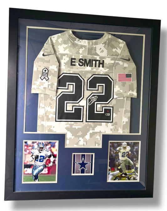 Framed Emmitt Smith Autographed Military Jersey w/ Beckett Auth. & 2 Action Photos