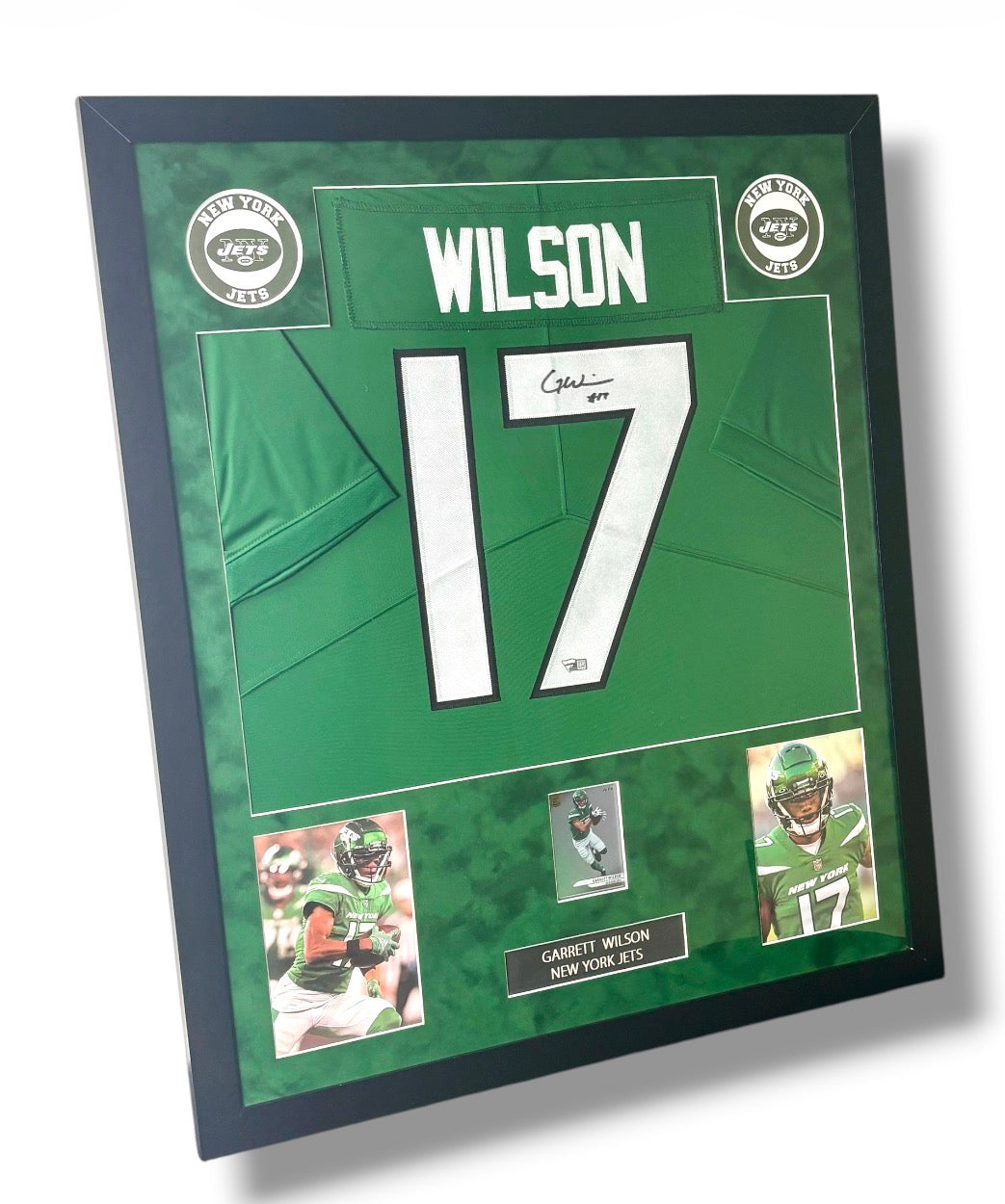 Framed Garrett Wilson Autographed N.Y. Jets Jersey w/ Fanatics Auth. & Sports Card