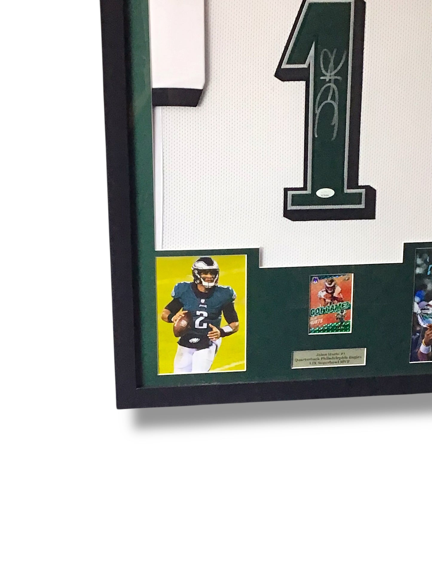 Framed Jalen Hurts Autographed Jersey w/ JSA Authentication & Sports Card