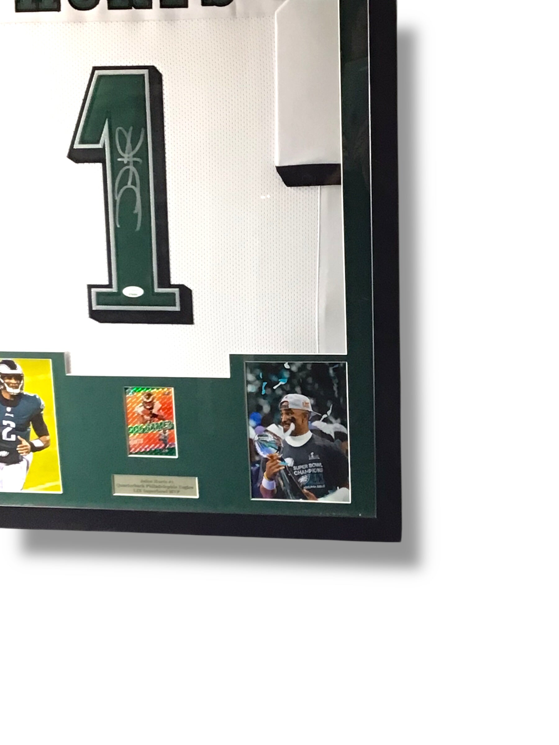 Framed Jalen Hurts Autographed Jersey w/ JSA Authentication & Sports Card