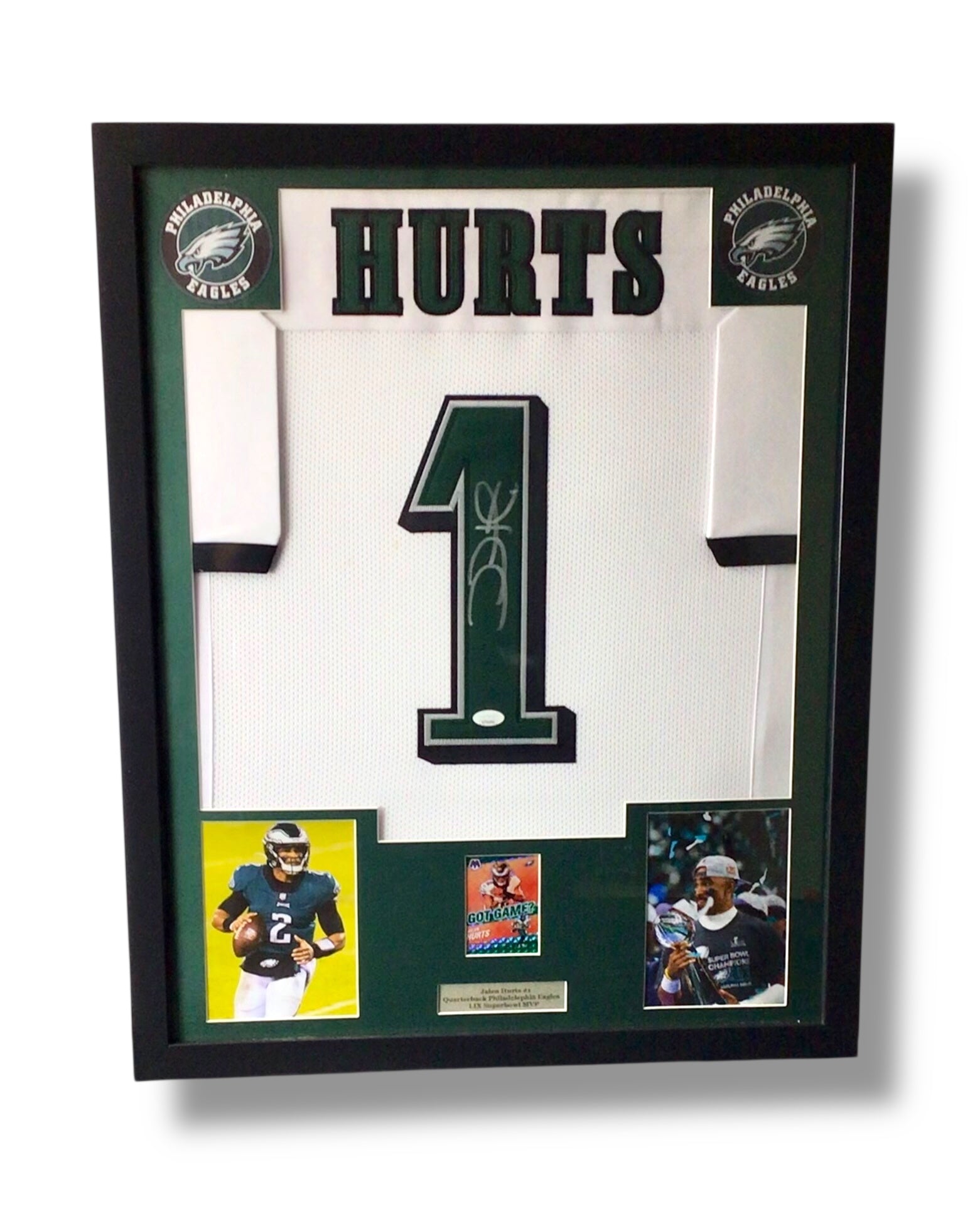 Framed Jalen Hurts Autographed Jersey w/ JSA Authentication & Sports Card