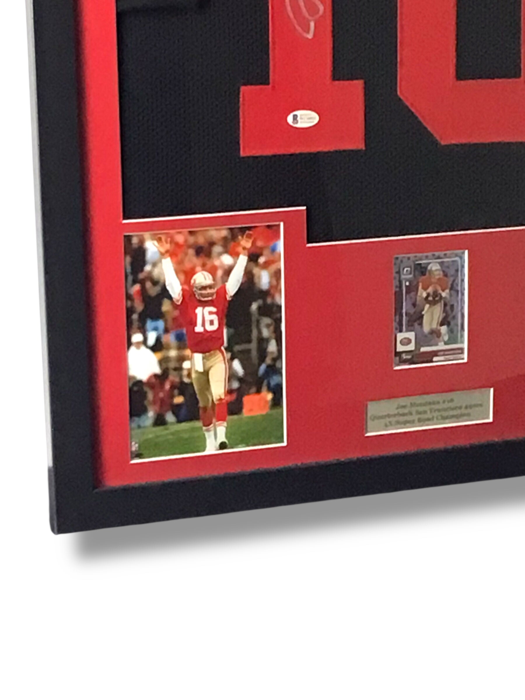 Framed Joe Montana Signed Jersey w/ Beckett Authentication & Rare Holo Optic Sports Card