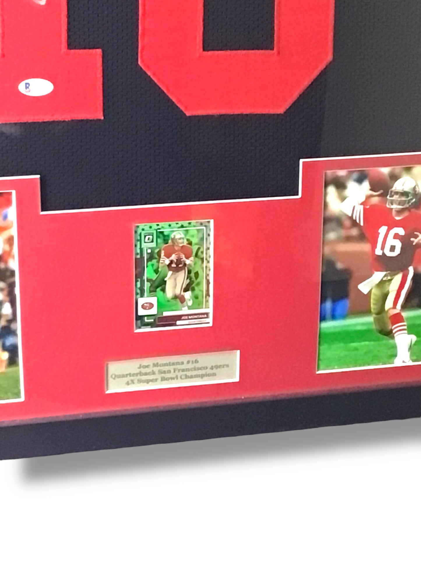 Framed Joe Montana Signed Jersey w/ Beckett Authentication & Rare Holo Optic Sports Card