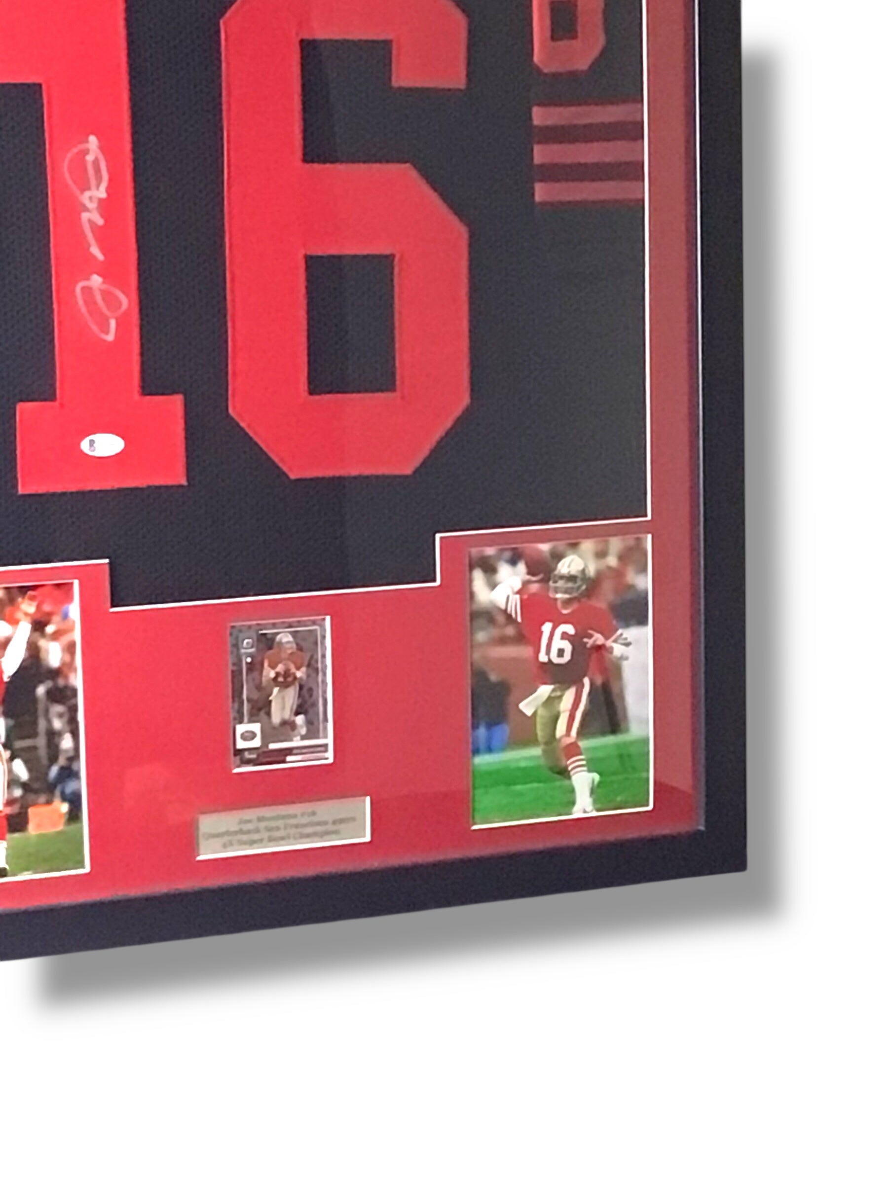 Framed Joe Montana Signed Jersey w/ Beckett Authentication & Rare Holo Optic Sports Card