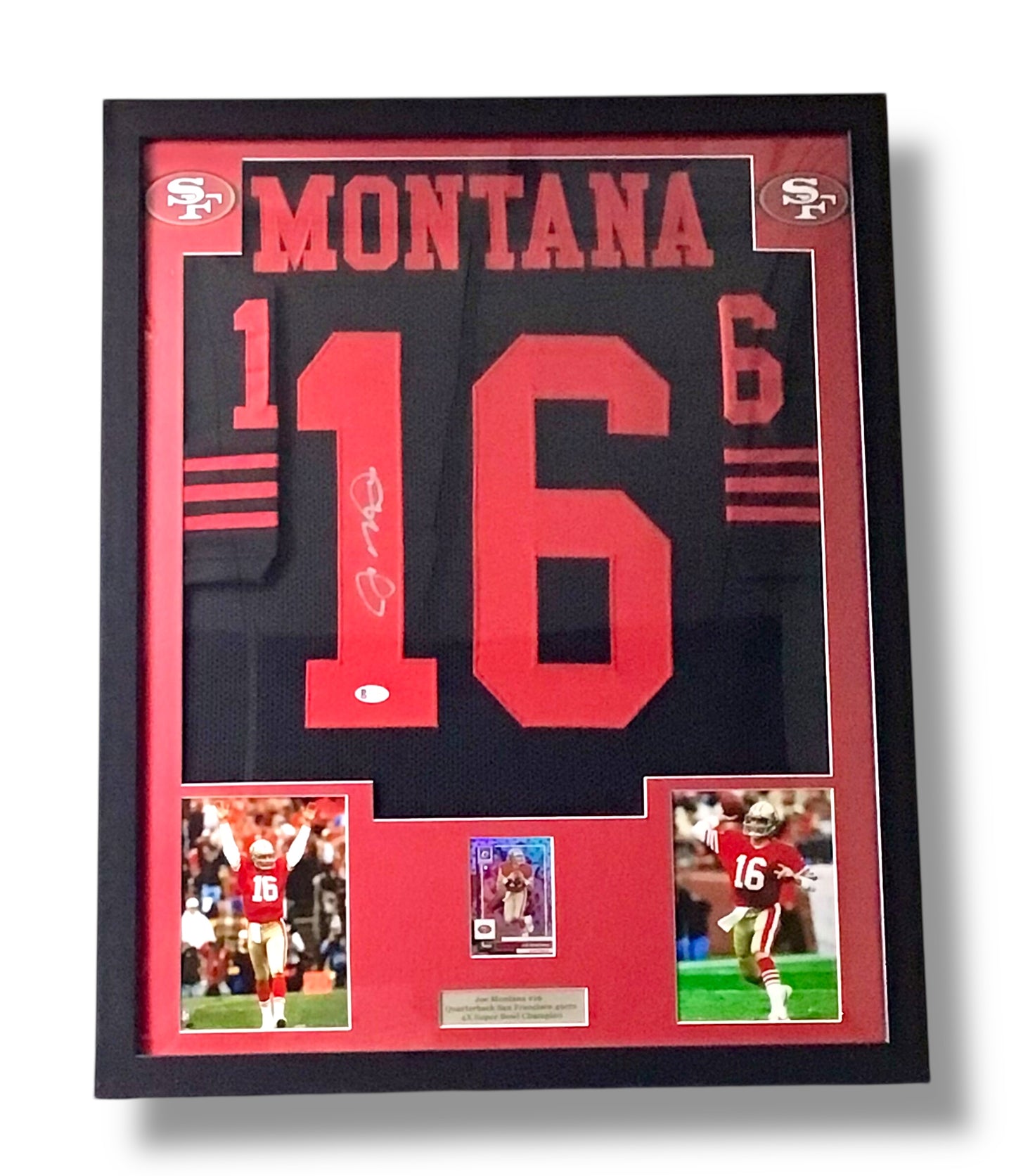 Framed Joe Montana Signed Jersey w/ Beckett Authentication & Rare Holo Optic Sports Card