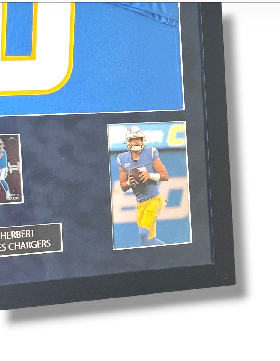 Framed Justin Herbert Autographed Nike Chargers Jersey w/ Beckett Auth. & Card