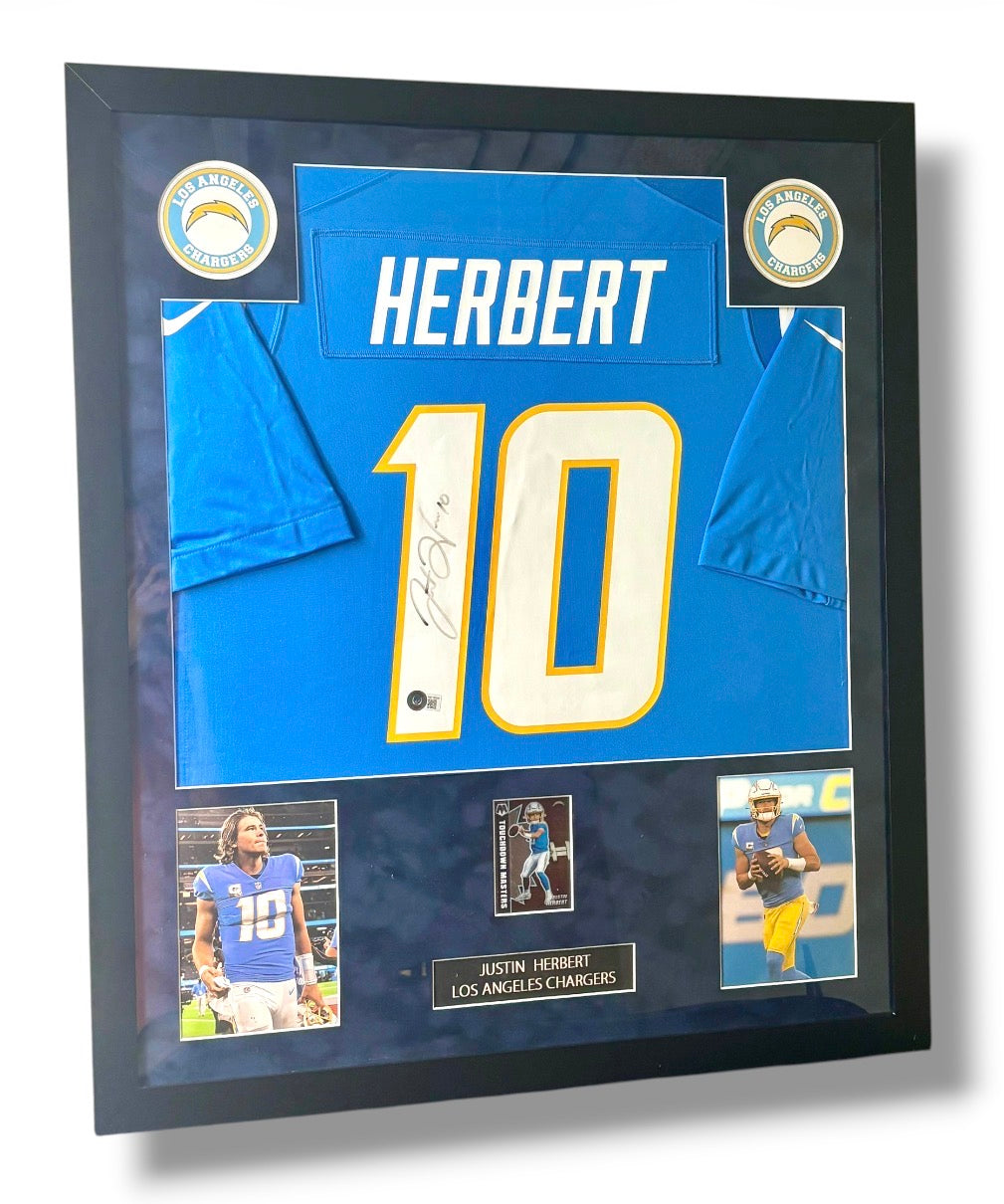 Framed Justin Herbert Autographed Nike Chargers Jersey w/ Beckett Auth. & Card