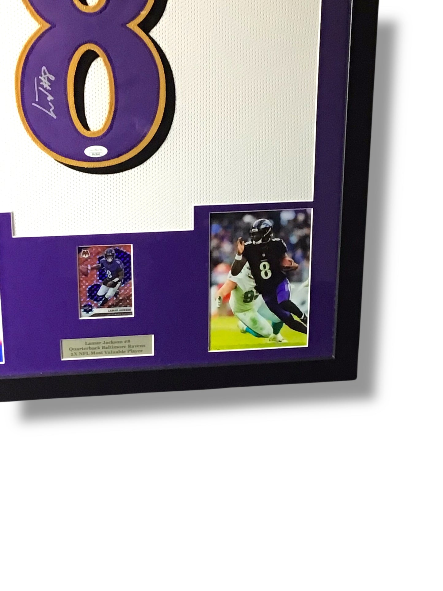 Framed Lamar Jackson Autographed Jersey w/ JSA Authentication & Sports Card