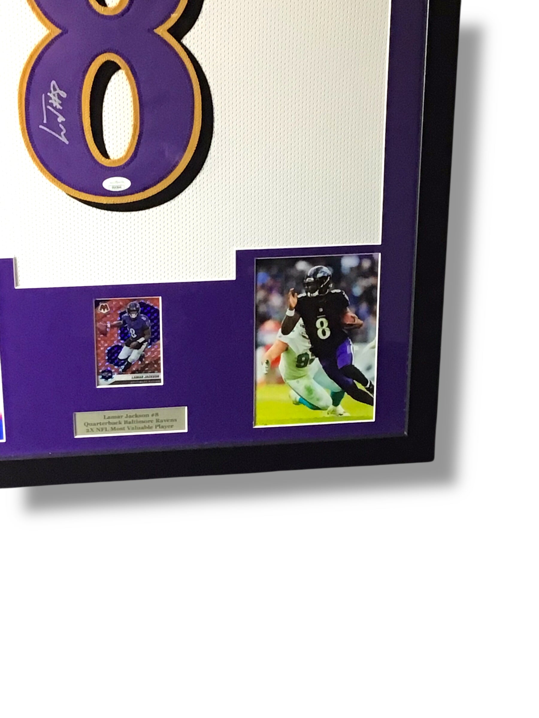 Framed Lamar Jackson Autographed Jersey w/ JSA Authentication & Sports Card