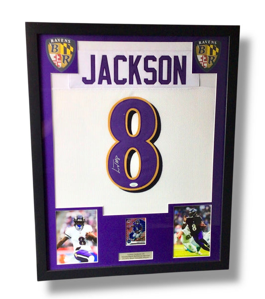 Framed Lamar Jackson Autographed Jersey w/ JSA Authentication & Sports Card
