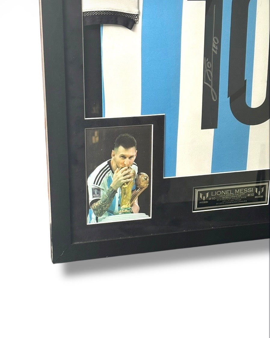 Framed Lionel Messi Autographed Jersey w/ Beckett Authentication & Custom Name Plate