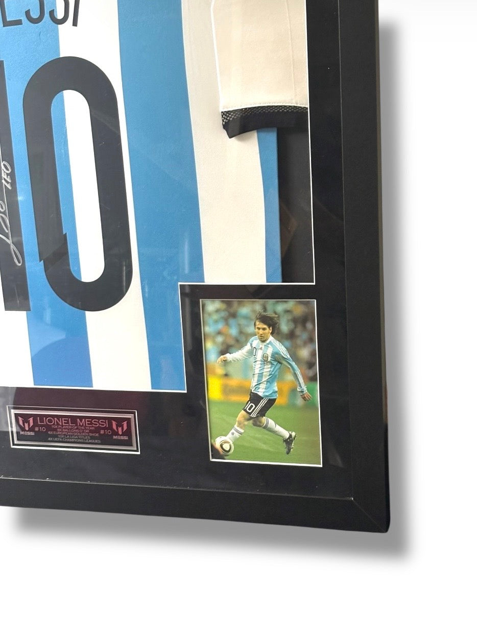 Framed Lionel Messi Autographed Jersey w/ Beckett Authentication & Custom Name Plate