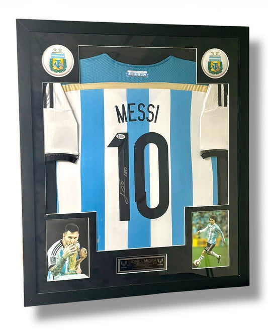 Framed Lionel Messi Autographed Jersey w/ Beckett Authentication & Custom Name Plate