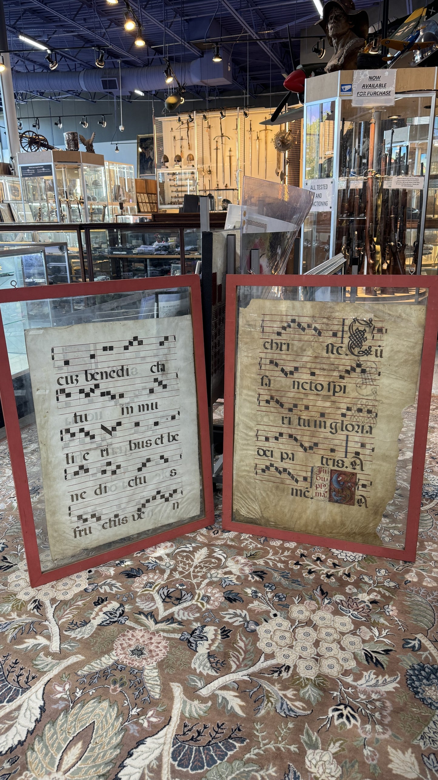 Framed Liturgical Sheet Music Manuscripts | Ave Maria & Sanctus on Parchment | Illuminated Letters
