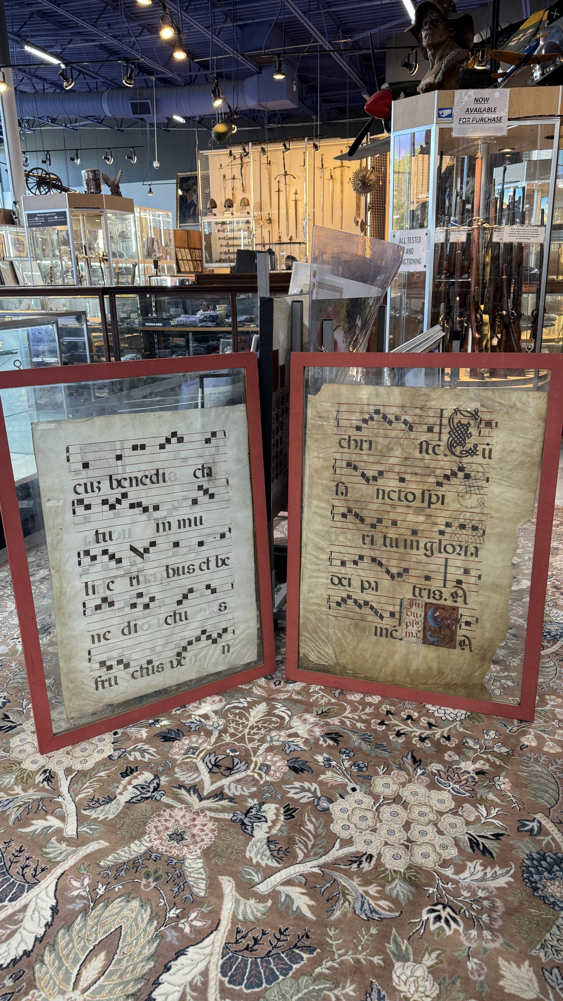 Framed Liturgical Sheet Music Manuscripts | Ave Maria & Sanctus on Parchment | Illuminated Letters
