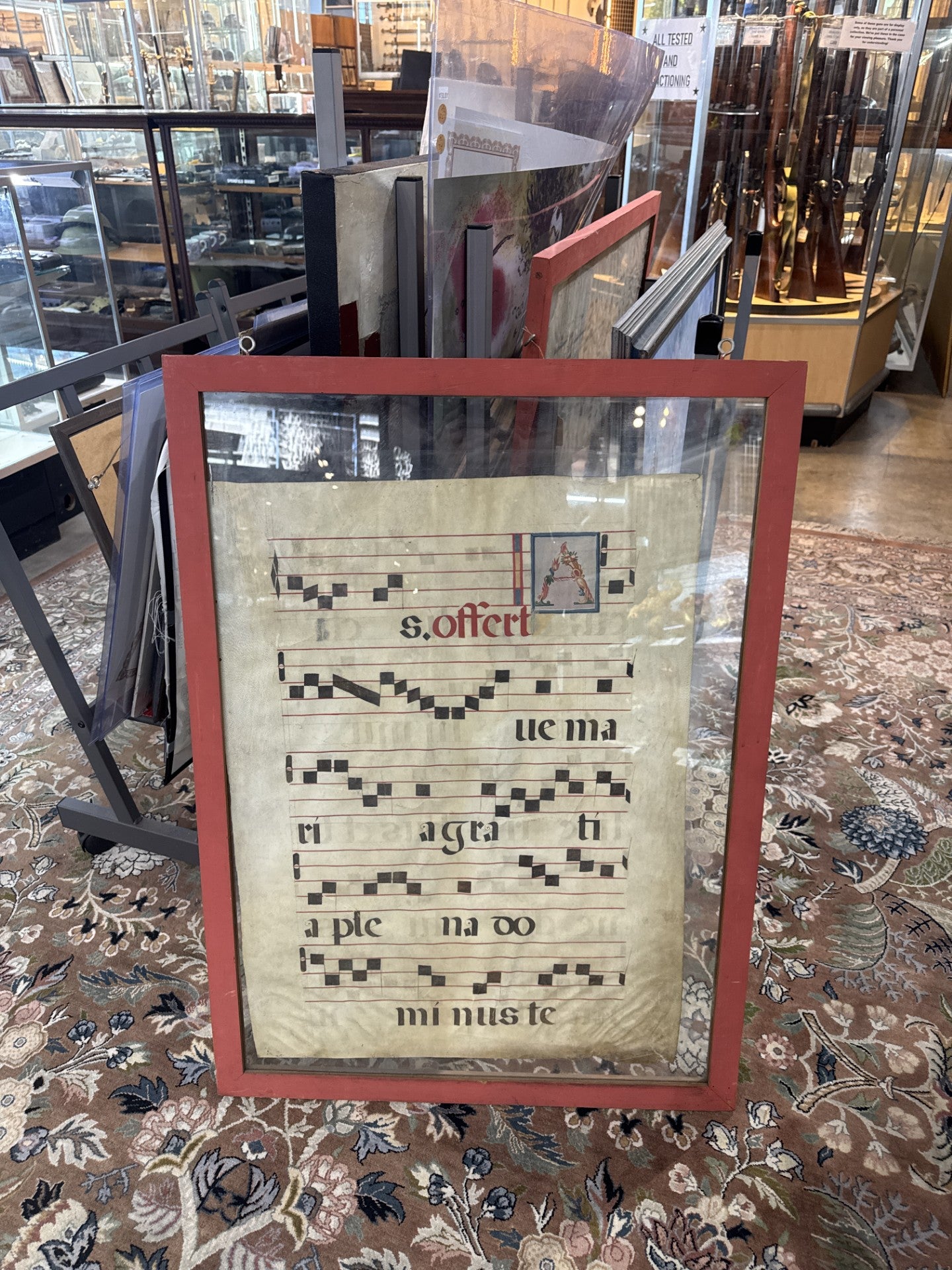 Framed Liturgical Sheet Music Manuscripts | Ave Maria & Sanctus on Parchment | Illuminated Letters