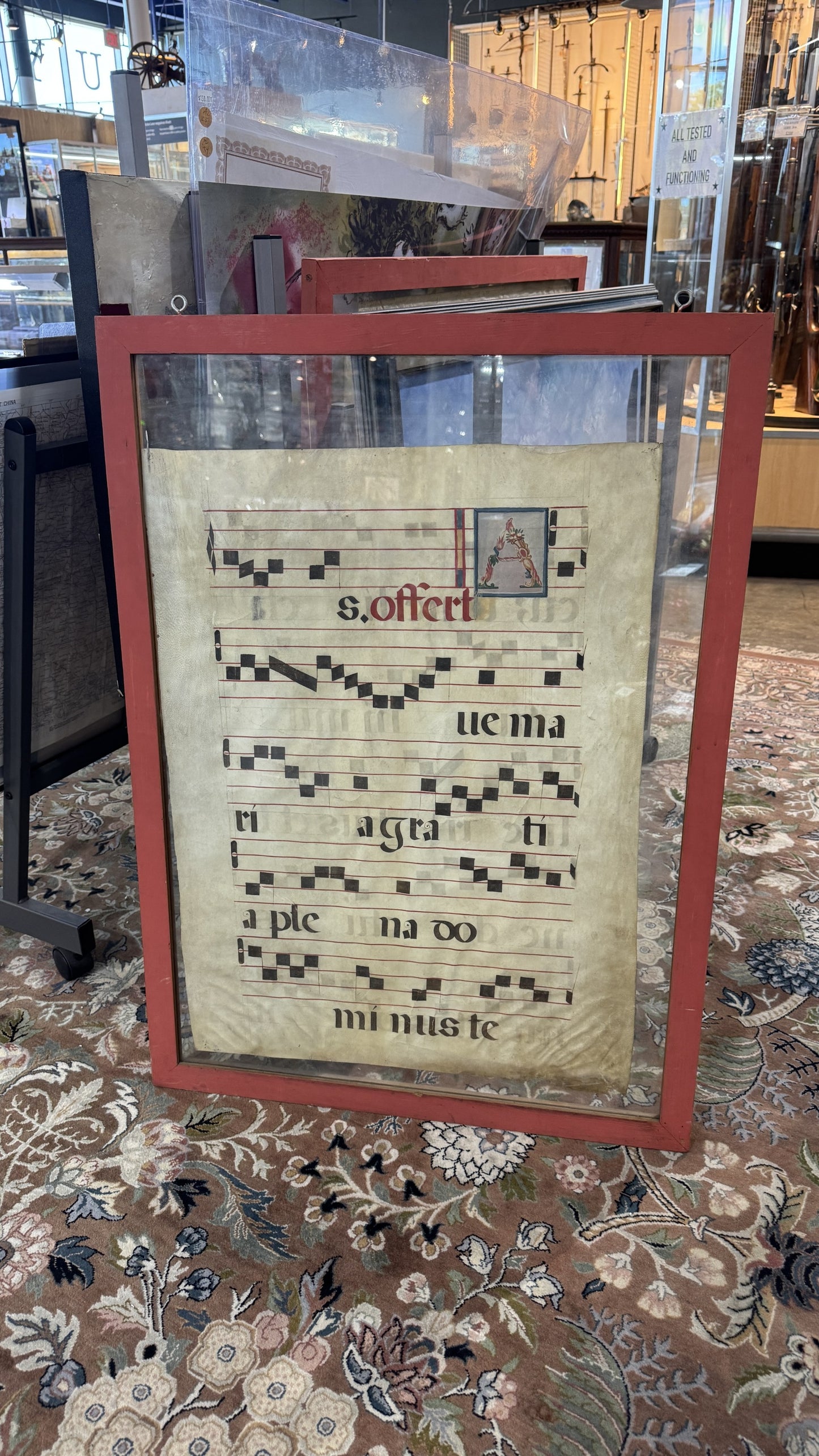 Framed Liturgical Sheet Music Manuscripts | Ave Maria & Sanctus on Parchment | Illuminated Letters
