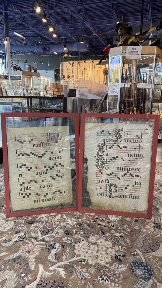 Framed Liturgical Sheet Music Manuscripts | Ave Maria & Sanctus on Parchment | Illuminated Letters