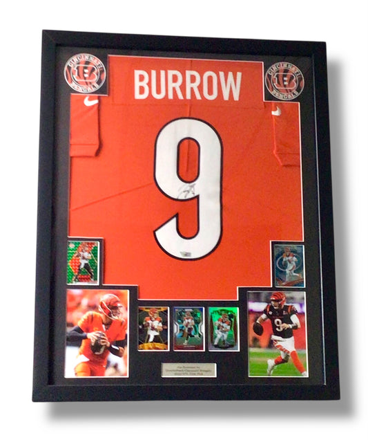 Framed Nike Joe Burrow Custom Signed Jersey Fanatics Certified w/ 4 Rookie cards 1 Insert