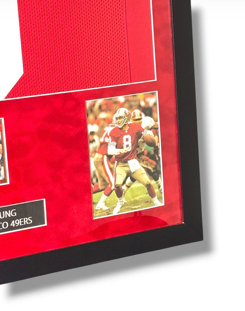 Framed Steve Young HOF '05 Autographed Red 49ers Jersey w/ JSA Auth. & Card