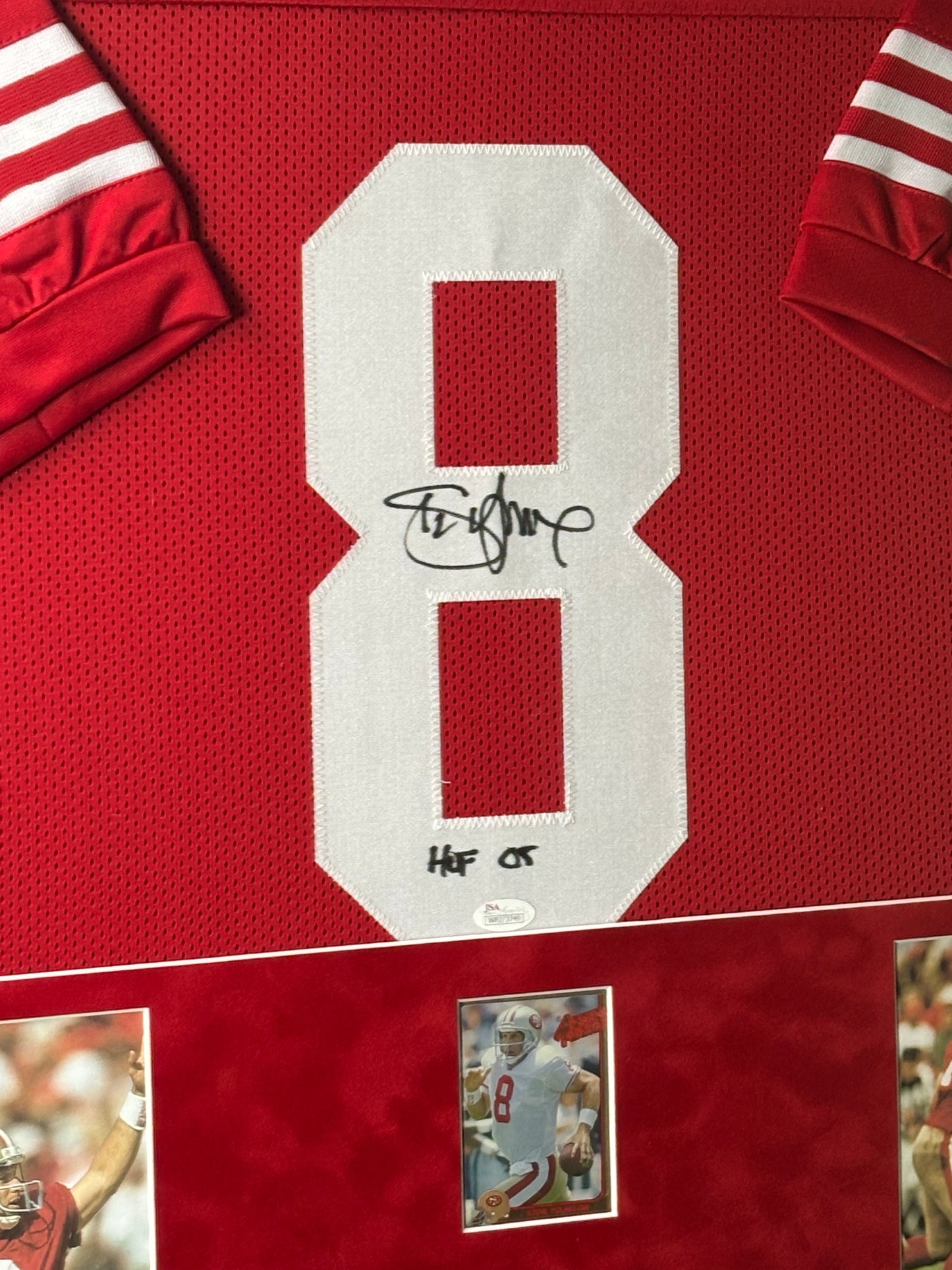 Framed Steve Young HOF '05 Autographed Red 49ers Jersey w/ JSA Auth. & Card