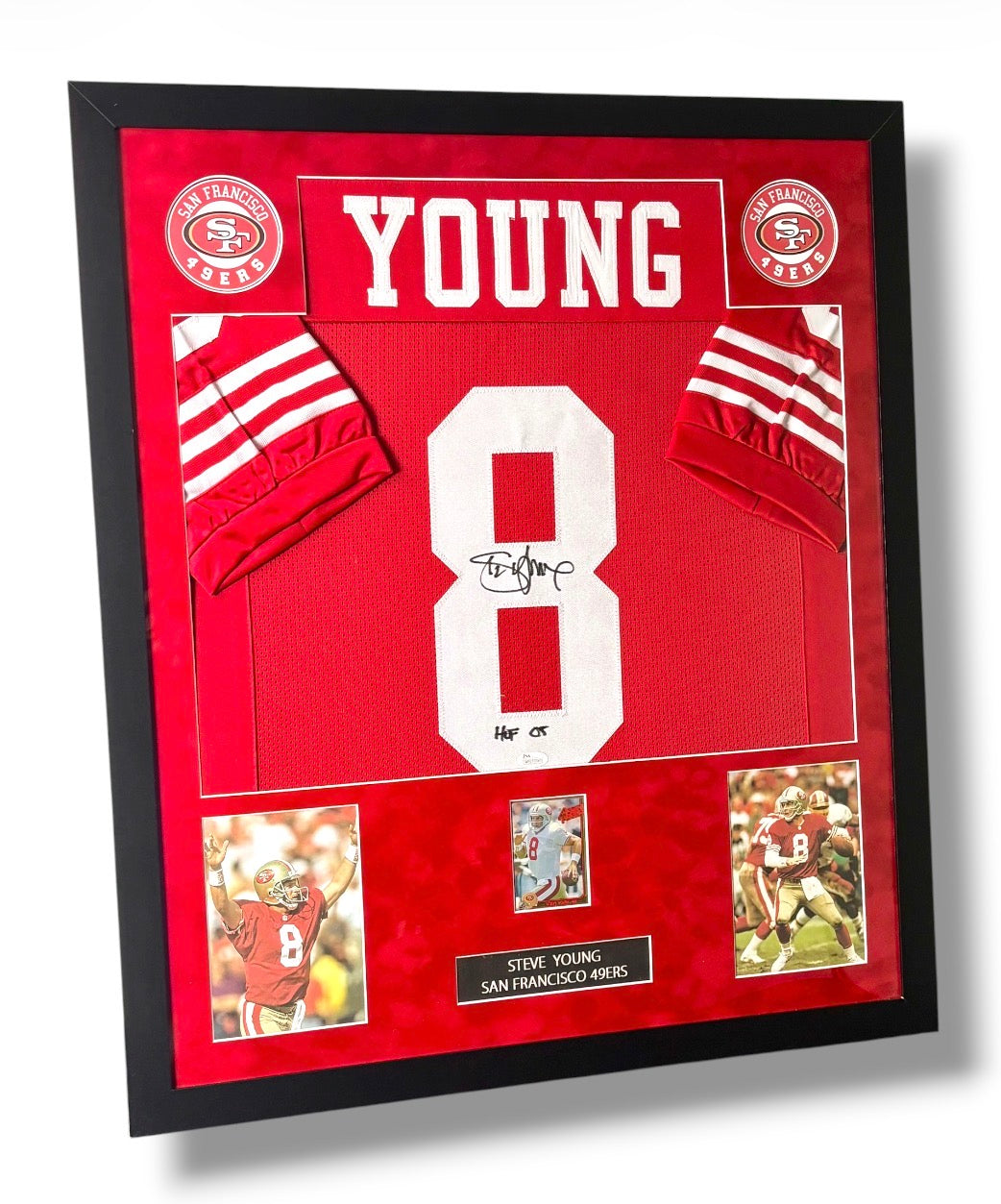 Framed Steve Young HOF '05 Autographed Red 49ers Jersey w/ JSA Auth. & Card