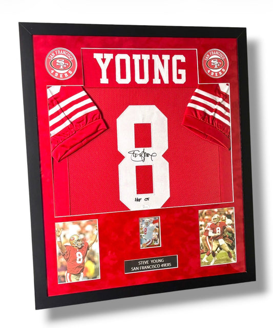 Framed Steve Young HOF '05 Autographed Red 49ers Jersey w/ JSA Auth. & Card