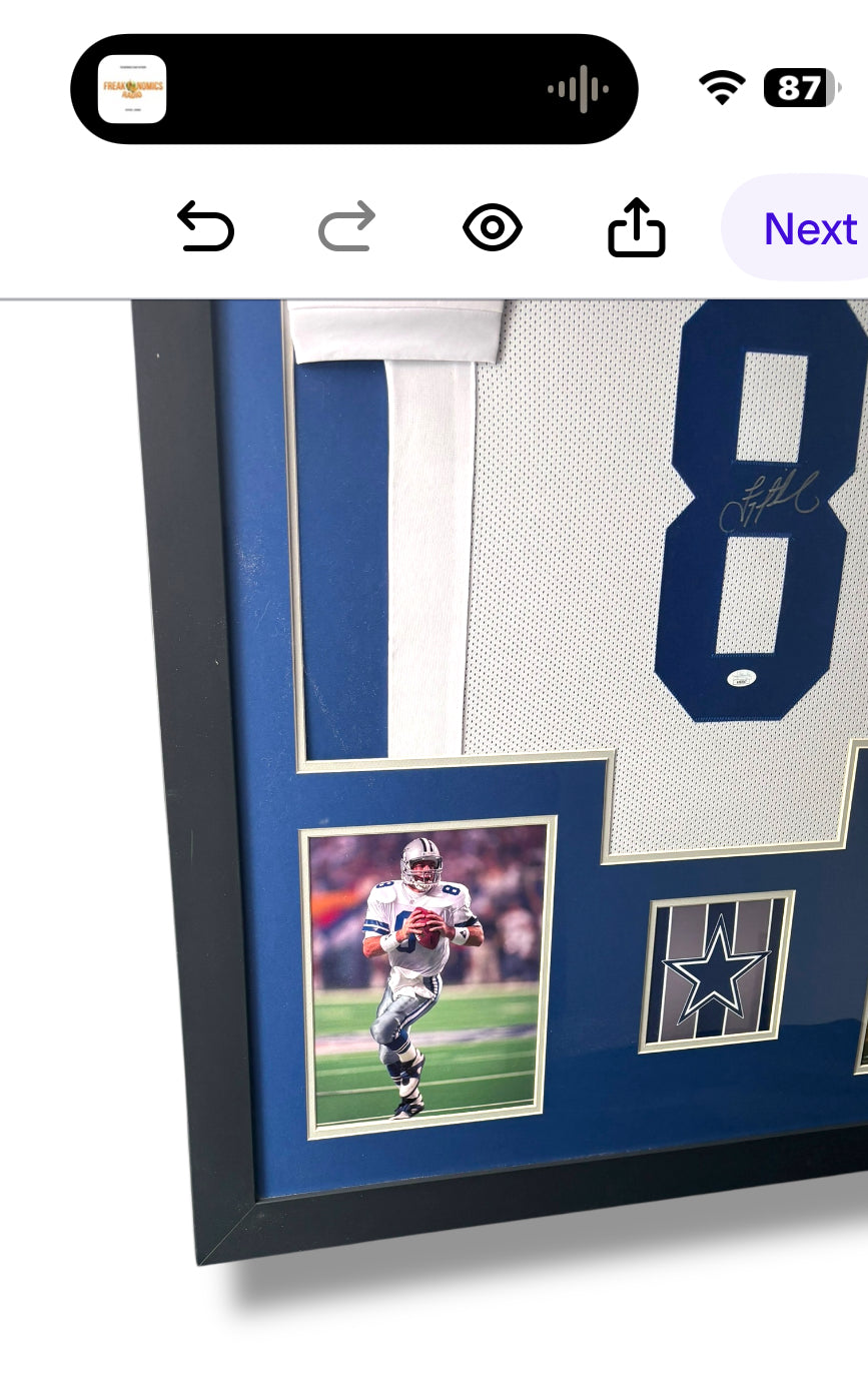 Framed Troy Aikman Autographed Jersey w/ JSA Authentication & 2 Action Photos