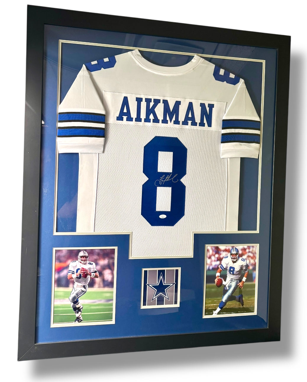 Framed Troy Aikman Autographed Jersey w/ JSA Authentication & 2 Action Photos