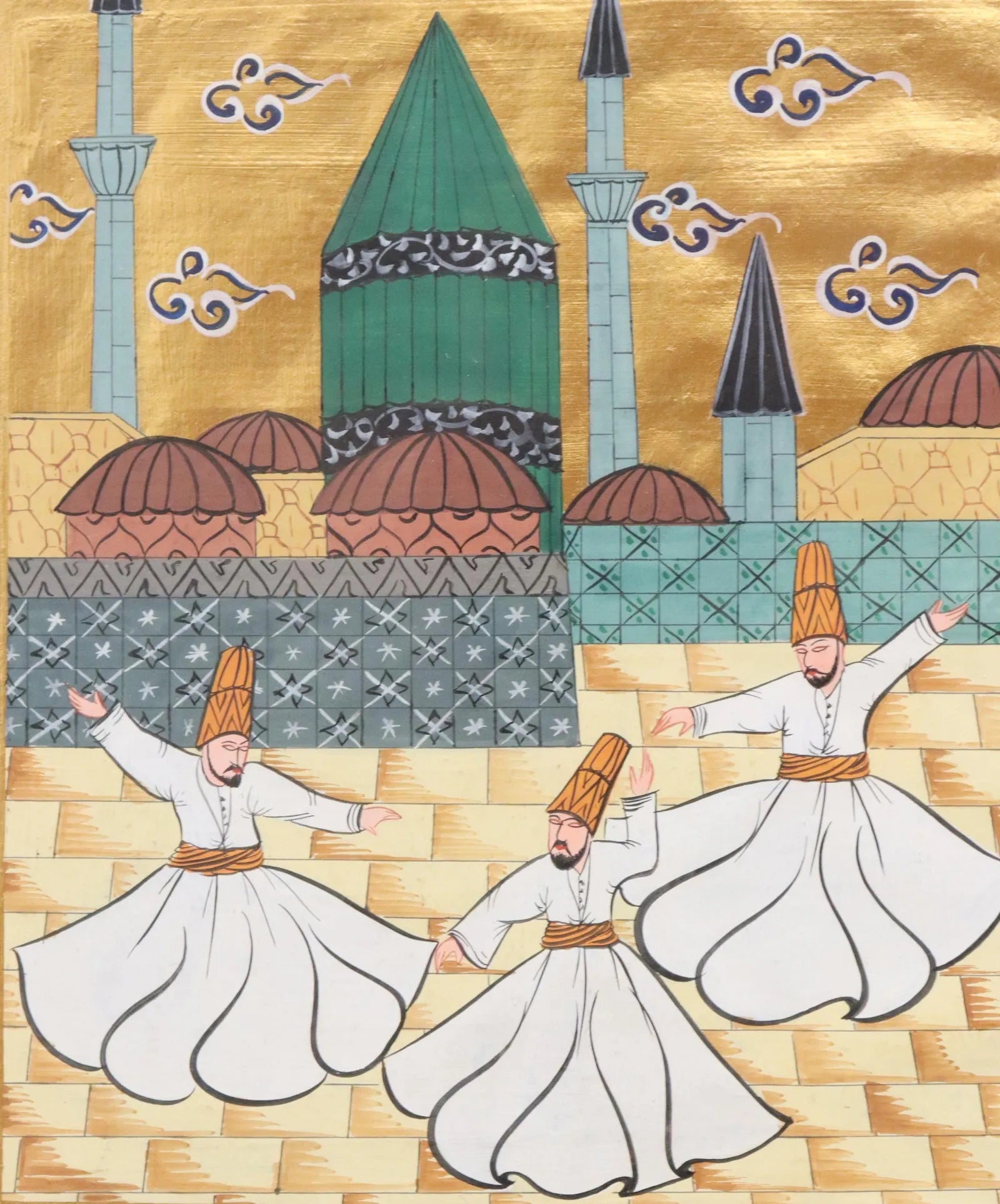 Framed Turkish/Persian Illustrated Manuscript Page - Whirling Dervishes