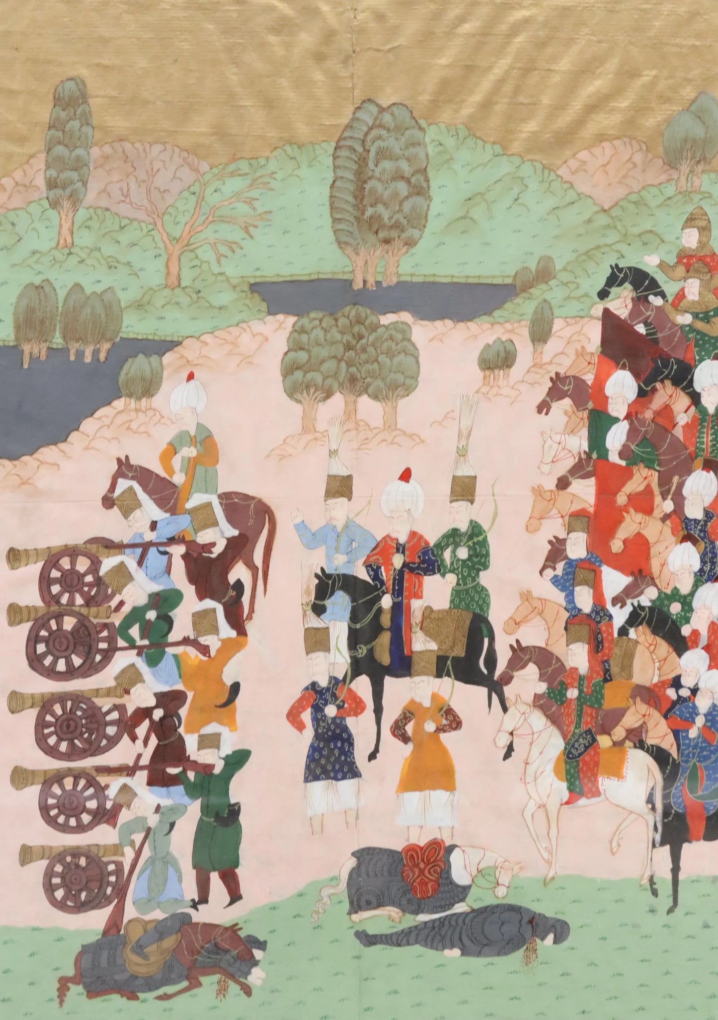 Framed Turkish/Persian Illustrated Manuscript - Sultan Suleiman at the Battle of Mohács (Gilt Two-Page Spread)
